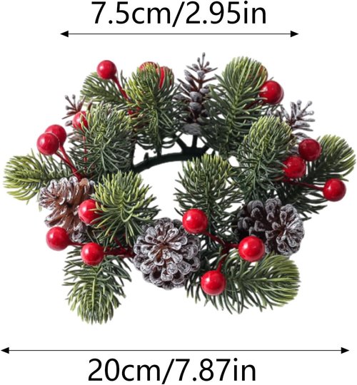 Christmas Candle Rings - Artificial Berries & Pinecones | 3-Inch Wreaths for Festive Table Decor