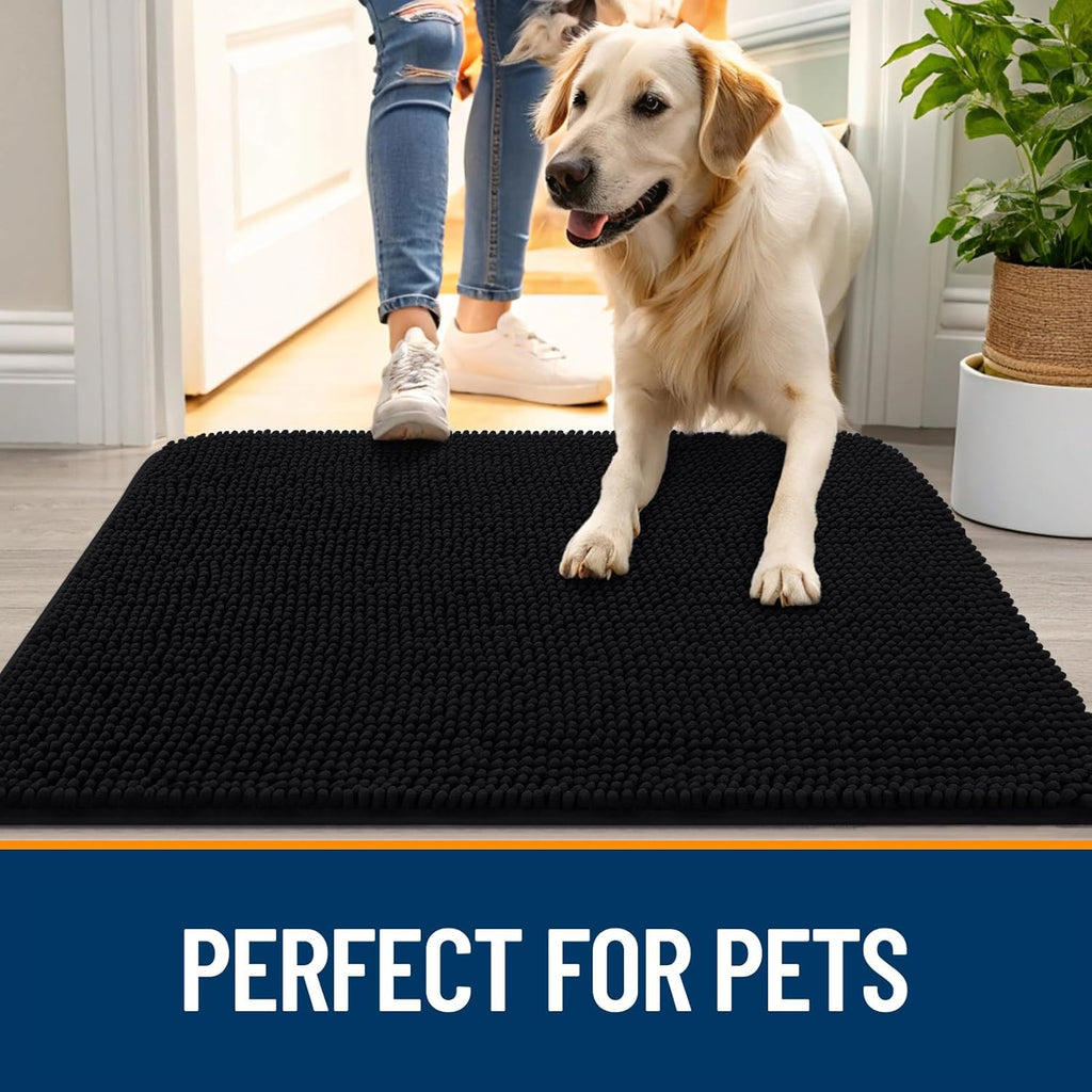 OLANLY Dog Door Mat - Absorbent Non-Slip Washable Chenille Mat for Muddy Paws | 40x32 Black