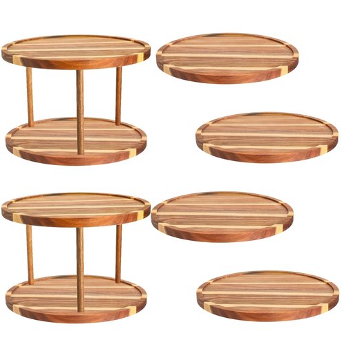 Reallnaive 6 Pcs 11" Acacia Wood Lazy Susan Organizer Set, 2 Tier and 1 Tier Turntable Tray for Cabinet Kitchen Countertop Pantry Table Organization Coffee Bar