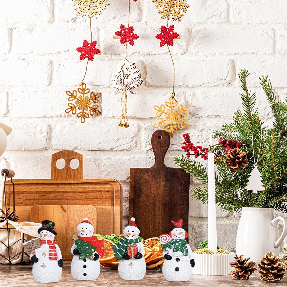 MEETYAMOR Christmas Snowman Ornaments - 4 PCS Rustic Resin Figurines for Indoor Decor | Farmhouse Style