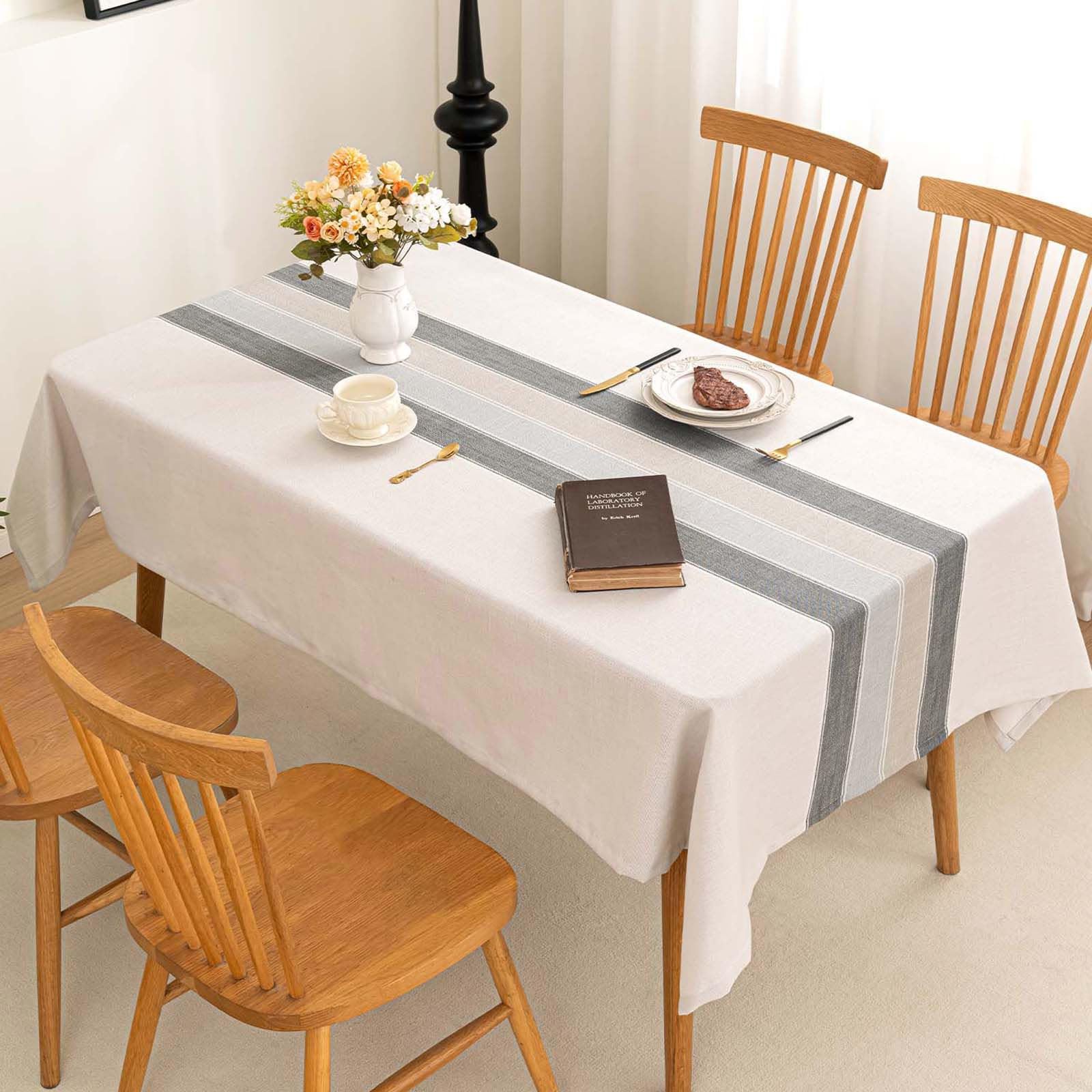 SIELUNO Rectangle Table Cloth Cotton Linen Waterproof Embroidery Tablecloth Rustic Farmhouse Style for Indoor Outdoor Dinning Tabletop Decoration-Grey Macarons-54 x86