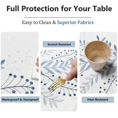 Aiimart Linen Style Embroidered Tablecloth, Waterproof and Wrinkle-Resistant Table Cloth Rectangle Tables, Farmhouse Floral Rectangle Table Cover for Dining Room and Outdoor Parties(Blue, 55"x71")