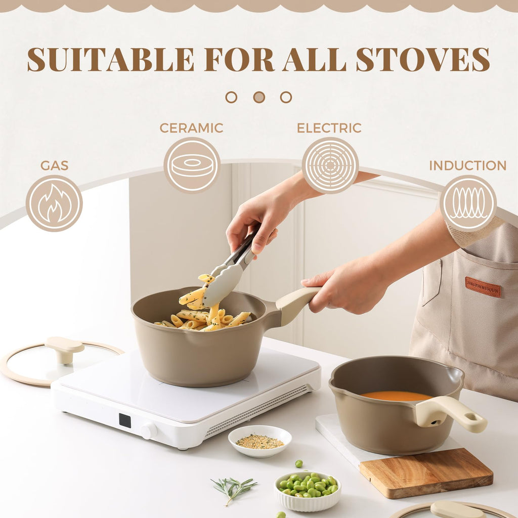 PRICUSIS Nonstick Saucepan Set with Lids, 2QT and 2.7QT Sauce Pan Set, Non Toxic Sauce Pots with Pour Spouts for Multipurpose Use, PFOA Free, Induction Compatible Apricot