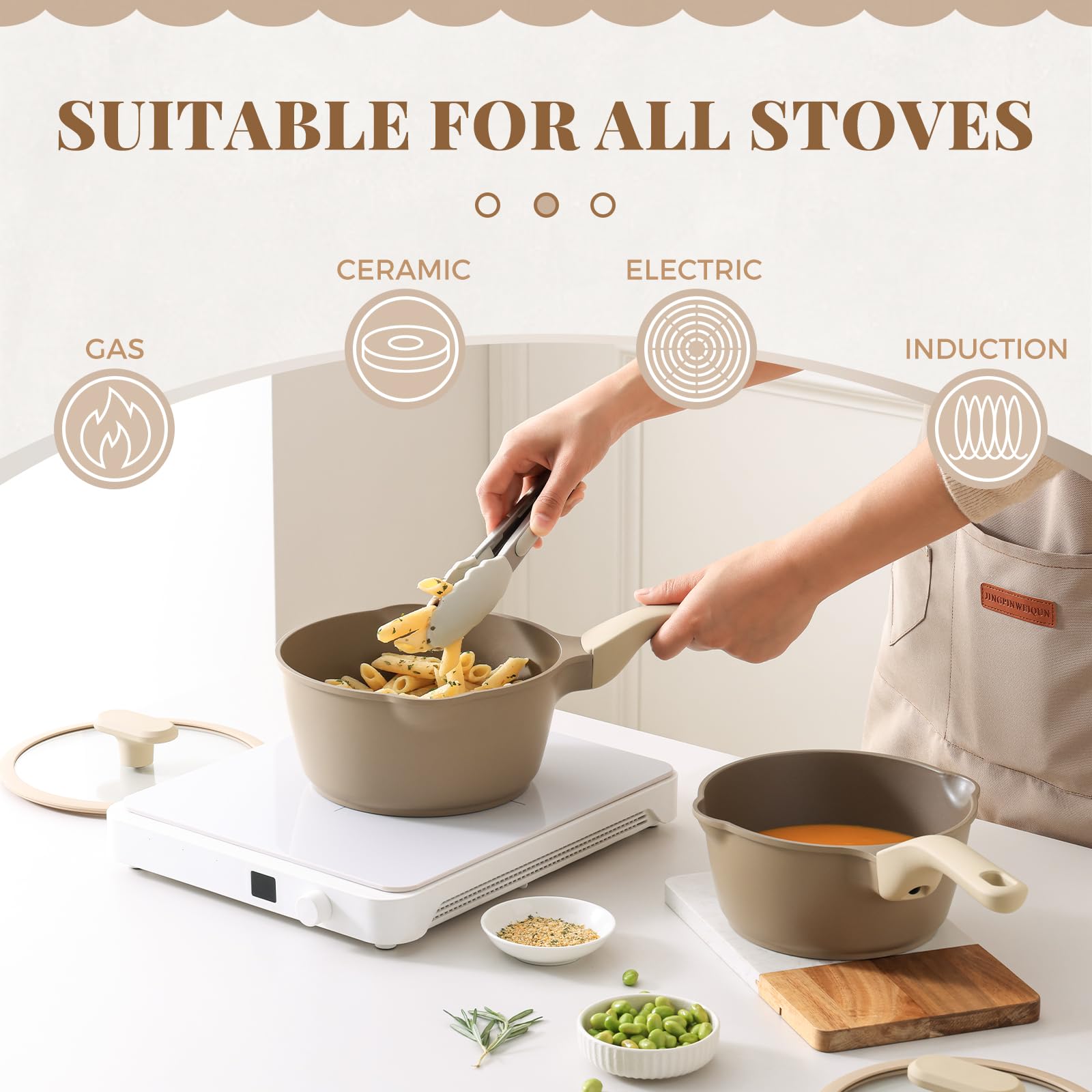 PRICUSIS Nonstick Saucepan Set with Lids, 2QT and 2.7QT Sauce Pan Set, Non Toxic Sauce Pots with Pour Spouts for Multipurpose Use, PFOA Free, Induction Compatible Apricot