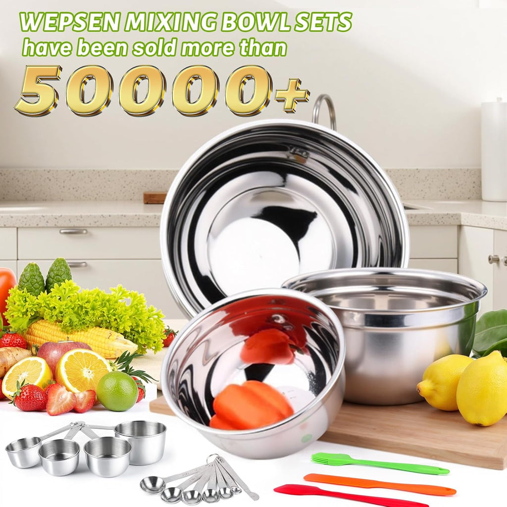 WEPSEN Mixing Bowls Set - 25PCS Stainless Steel Nesting Bowls with Lids & Measuring Tools for Baking and Cooking