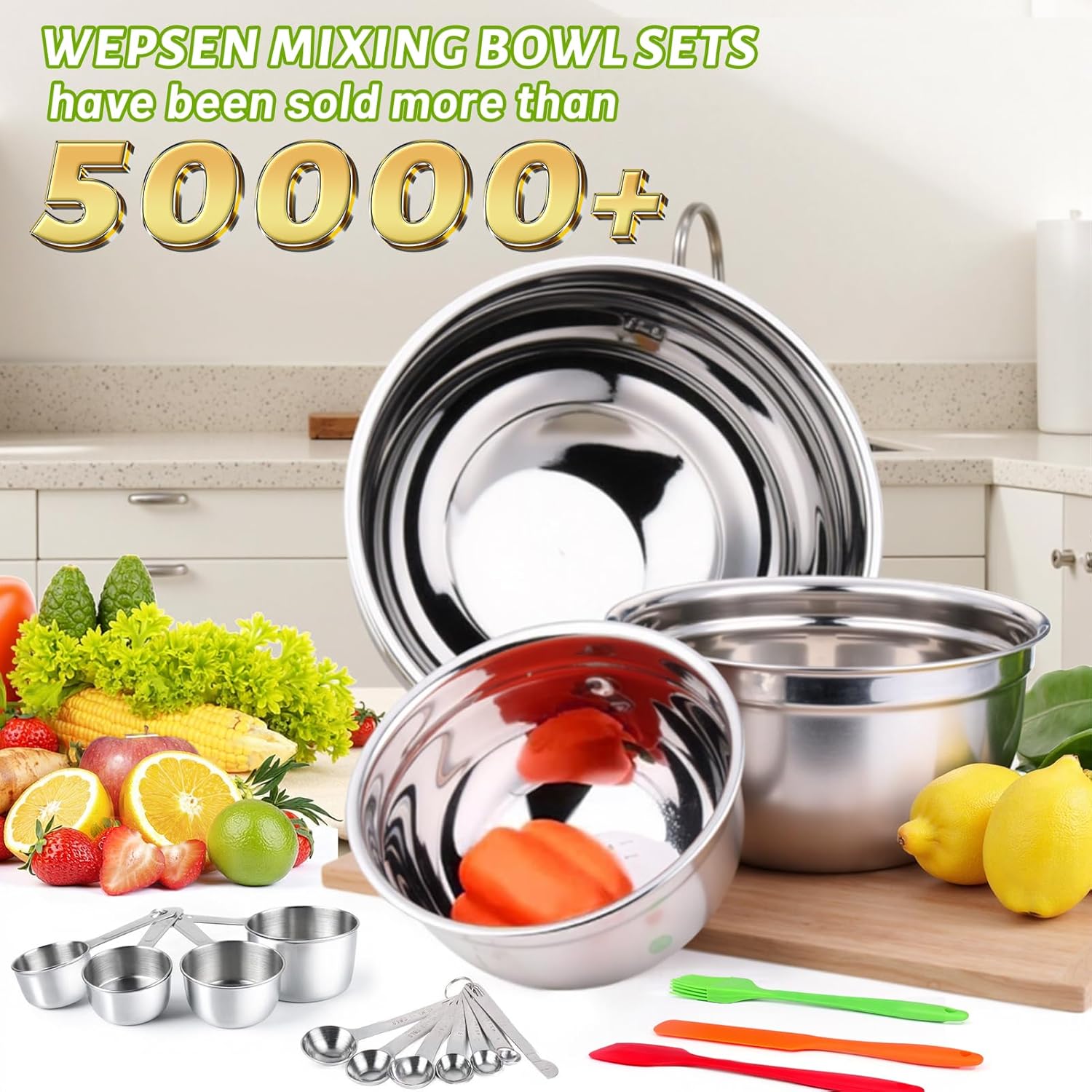WEPSEN Mixing Bowls Set - 25PCS Stainless Steel Nesting Bowls with Lids & Measuring Tools for Baking and Cooking