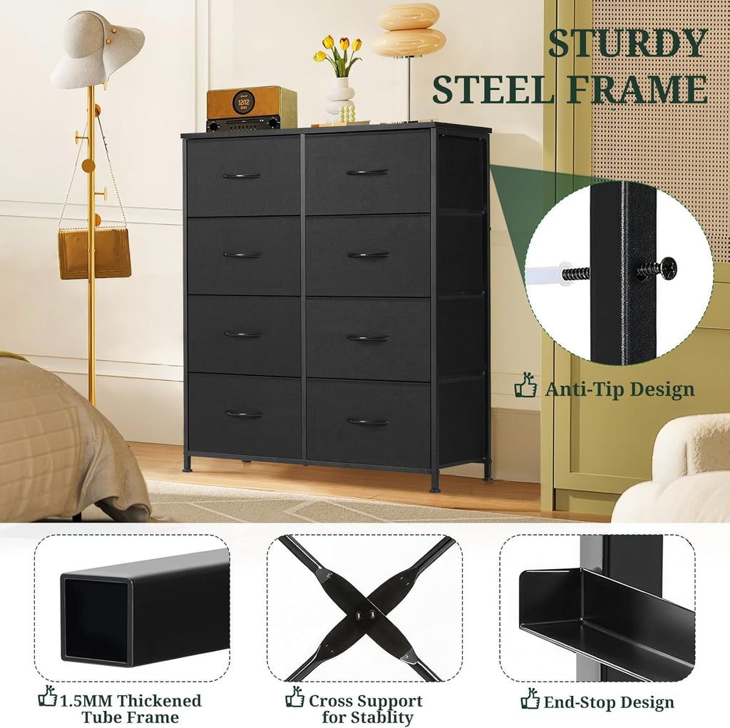 Skiennix 8-Drawer Dresser - Anti-Tip Tall Storage Organizer with Wooden Top & Metal Frame - Black