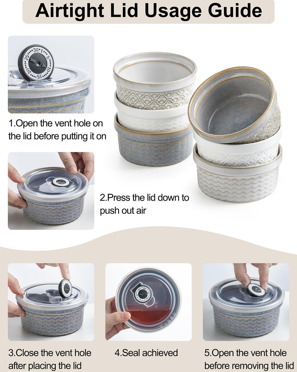 Skiennix Ceramic Baking Dishes - 12oz Meal Prep Containers with Lids | Set of 4 Grey Ripple Ramekins