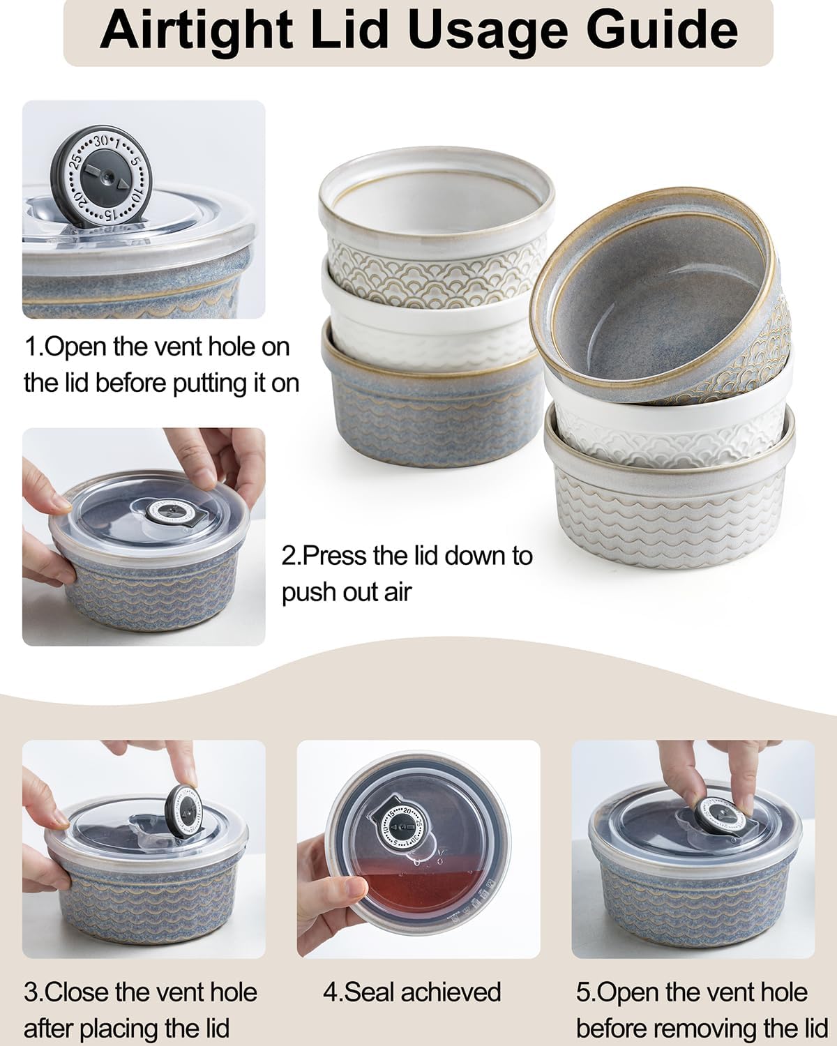 Skiennix Ceramic Baking Dishes - 12oz Meal Prep Containers with Lids | Set of 4 Grey Ripple Ramekins