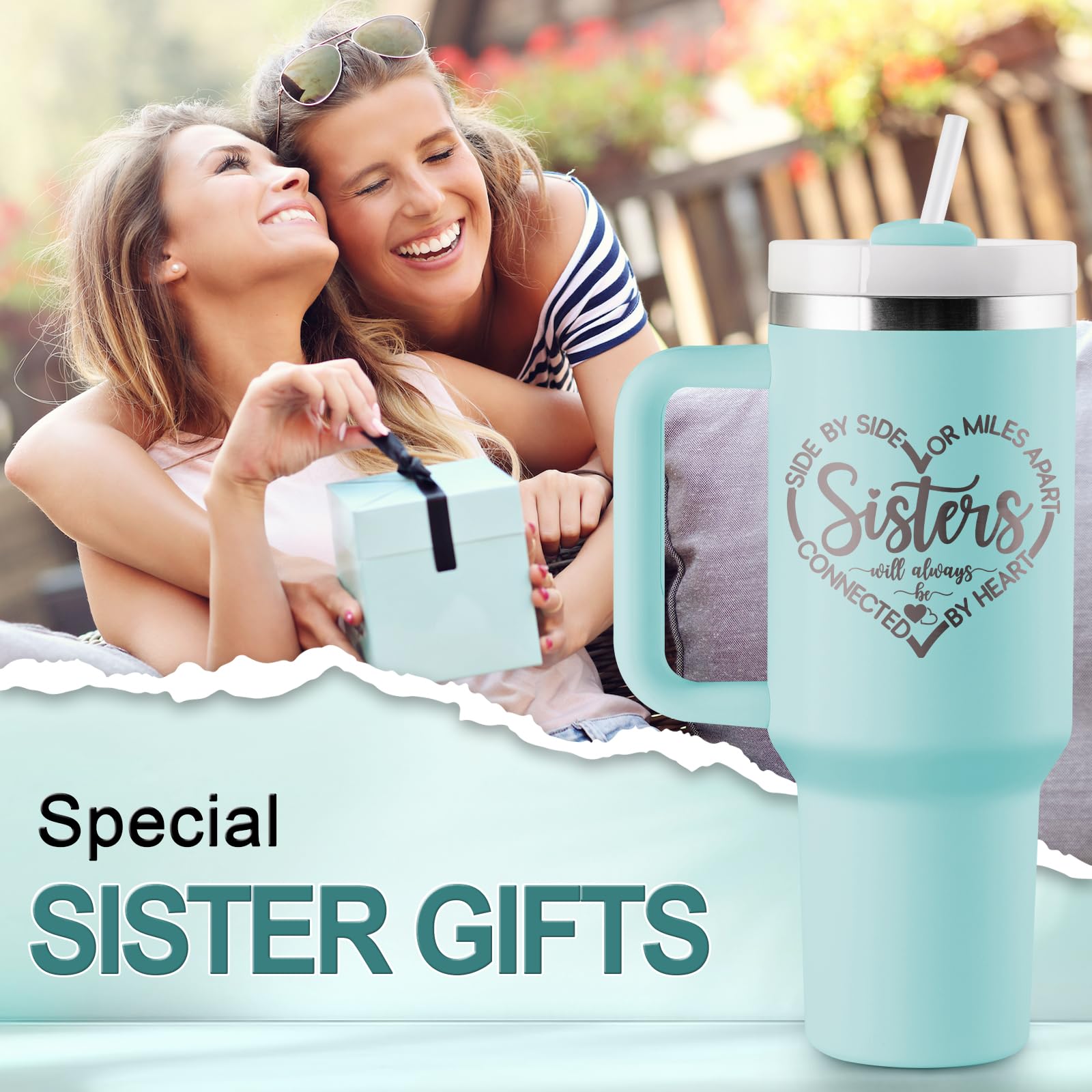 ROSTANTEN Sister Gifts from Sister, Sisters Birthday Gift Ideas, Gifts for Sisters - 40 oz Travel Cup Insulated Tumbler with Handle & Straw