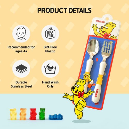 HARIBO Goldbear Spoon and Fork Set - Kids & Toddlers Stainless Steel Flatware with HARIBO Goldbear Figure Handle, Kids Eating Utensils for 4 years + Child, BPA Free Silverware for Kids (Yellow)