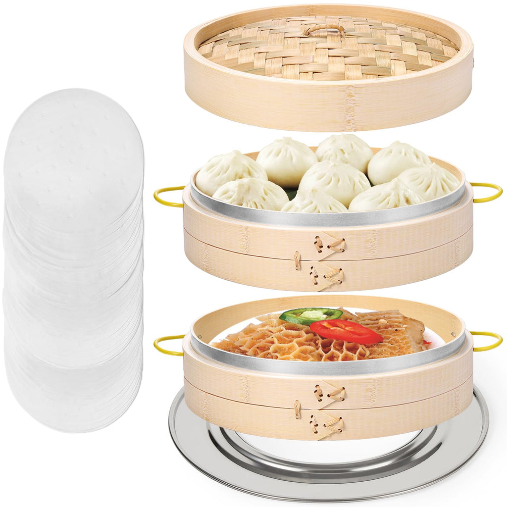 MacaRio Bamboo Steamer Basket Set 10 inch Steamer for Cooking, with Side Handles, Ring Adapter, Paper Liners, for Dim Sum Dumplings Buns Seafoods Vegetables Rice Asian Foods
