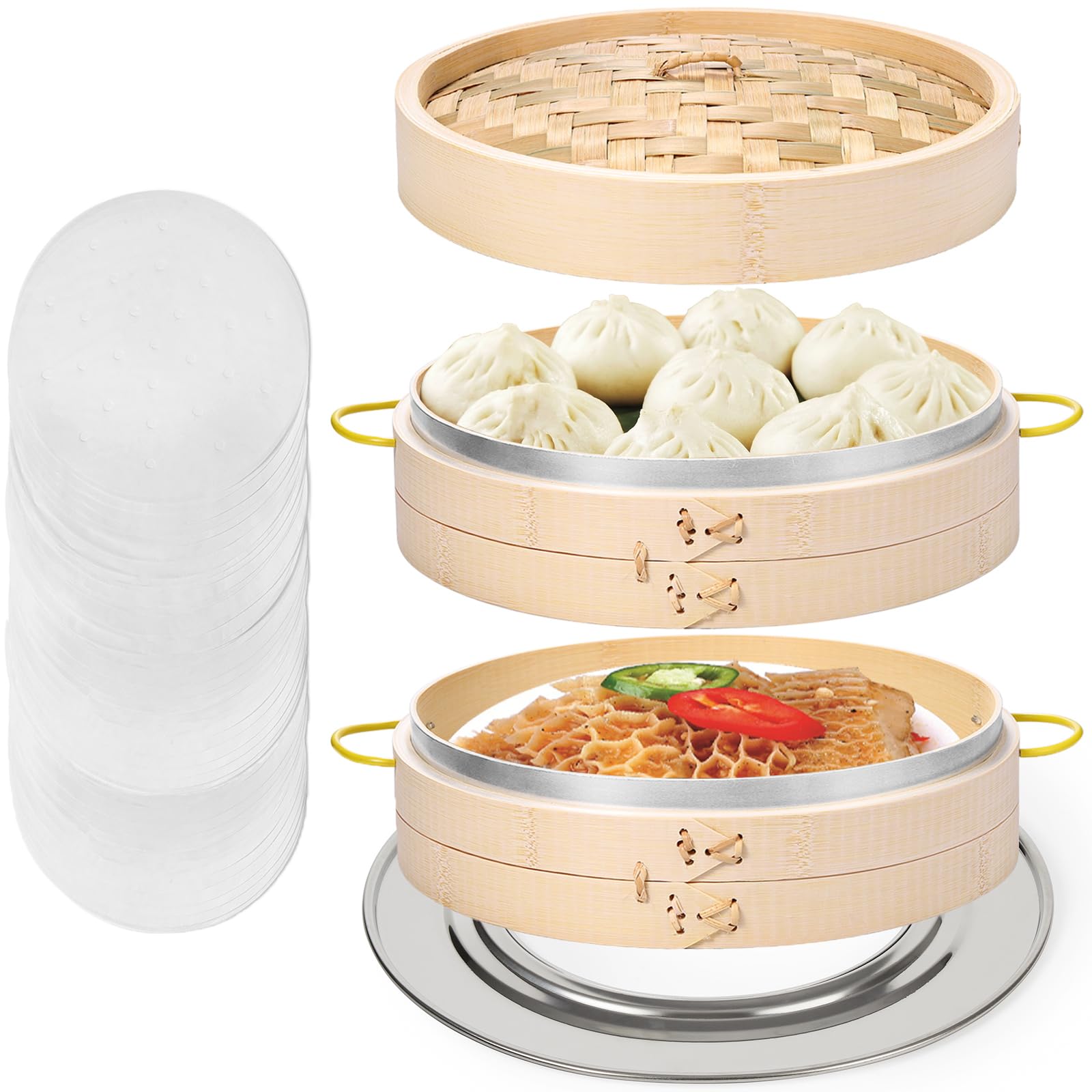 MacaRio Bamboo Steamer Basket Set 10 inch Steamer for Cooking, with Side Handles, Ring Adapter, Paper Liners, for Dim Sum Dumplings Buns Seafoods Vegetables Rice Asian Foods