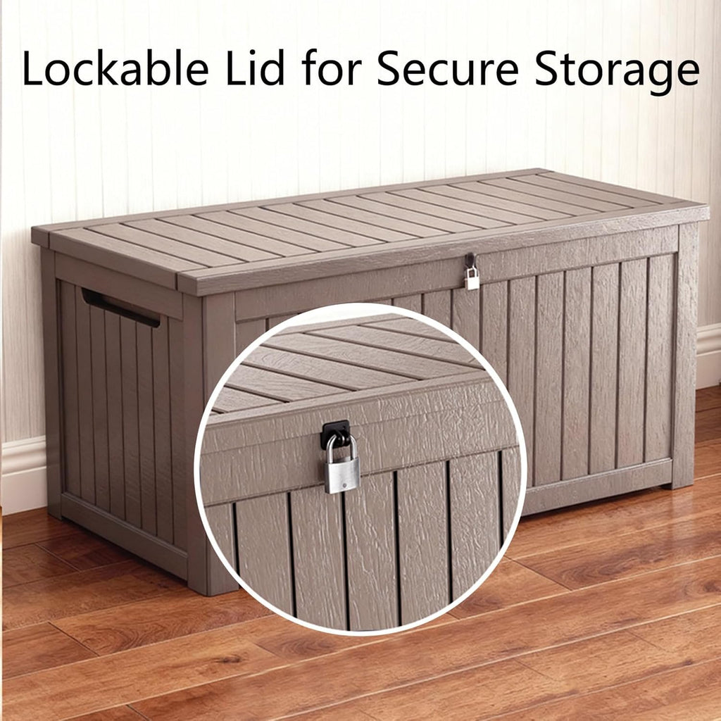 180 Gallon Resin Deck Box - Lockable Waterproof Storage for Patio Furniture & Garden Tools | All-Weather Wood Grain Design