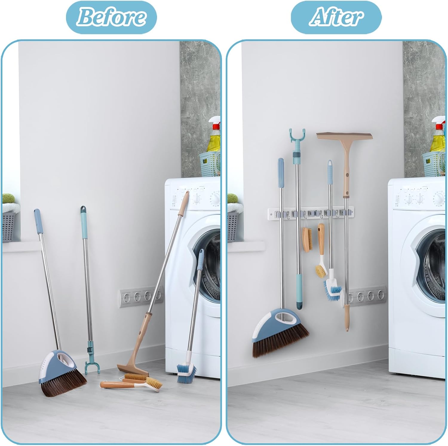 White Broom Holder Wall Mount - Heavy Duty Organizer with 5 Slots & 4 Hooks | Ideal for Laundry, Kitchen & Garage Storage