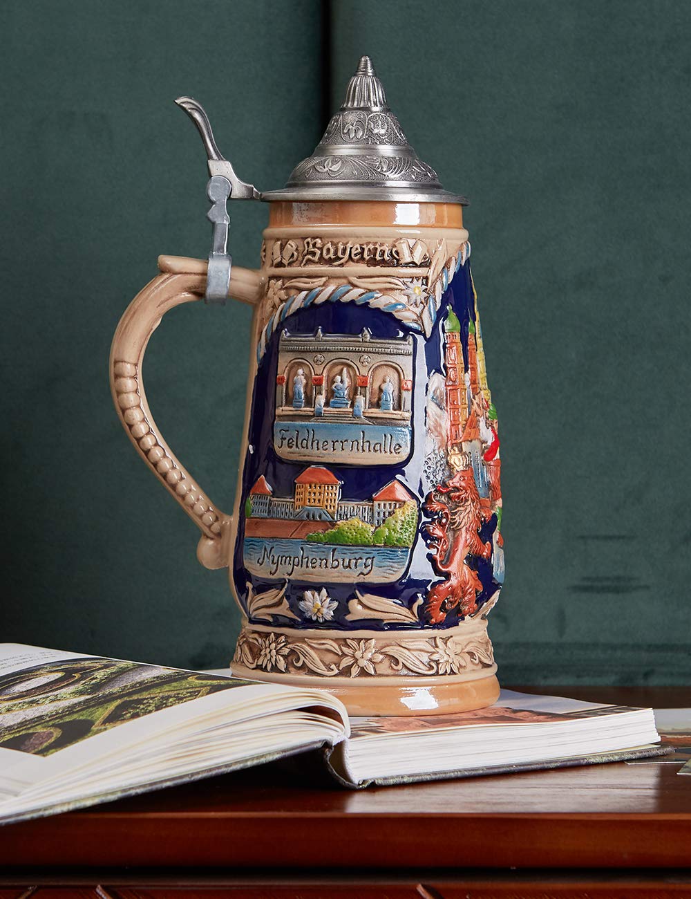 HAUCOZE Beer Stein Mug German Munich Bavarian Drinking Viking Tankard with Pewter Lid Birthday Gifts for Men Father Husband 1.0 Liter