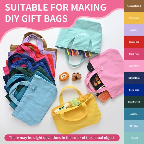 KIDJFGG 12 Pack Small Canvas Tote Bags, Mini Tote Bags Bulk for Women, DIY Blank Reusable Cute Sublimation Totes Bag with Handles & D Ring for Grocery, Valentine's Day, Wedding Gifts (Multicolour)