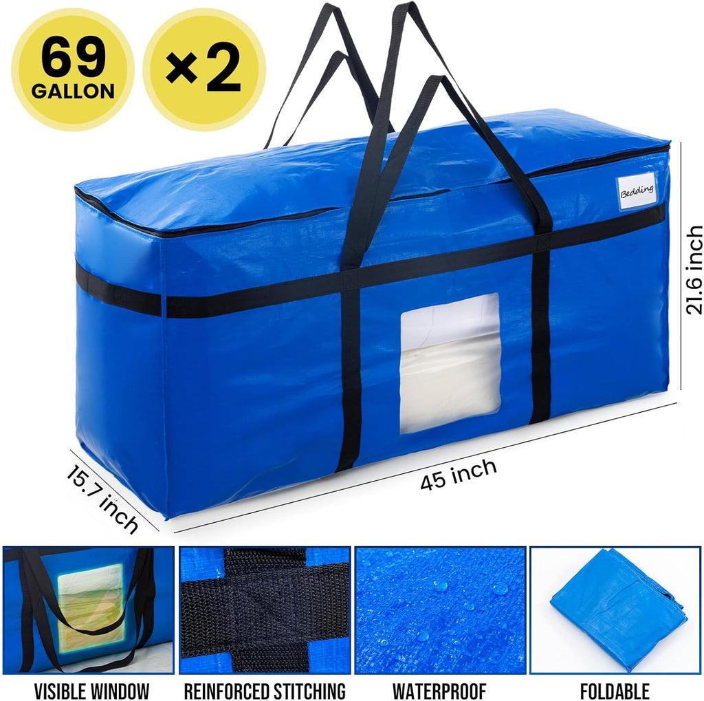 TAILI Extra Large 69 Gallon Storage Bags - Heavy Duty Blue Moving Totes with Visible Window & Wrap Around Handles (2 Pack)