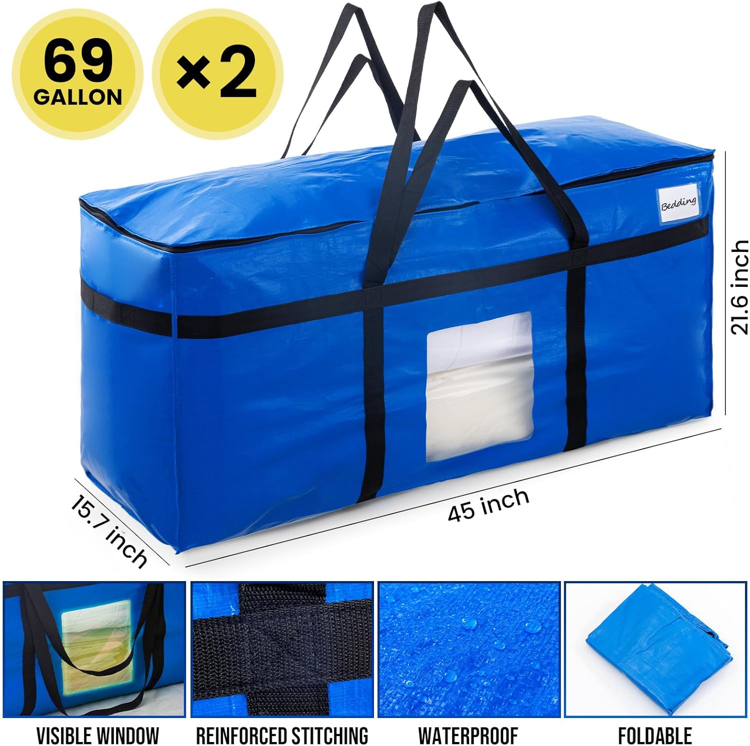 TAILI Extra Large 69 Gallon Storage Bags - Heavy Duty Blue Moving Totes with Visible Window & Wrap Around Handles (2 Pack)