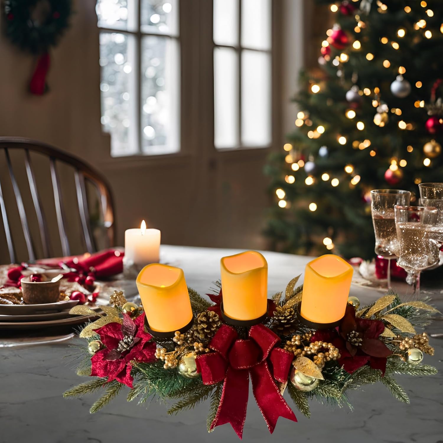 Svndlyn Christmas Candle Holders - Festive 3-Piece Set with Red Poinsettia, Golden Pine, and Berries for Table Centerpiece