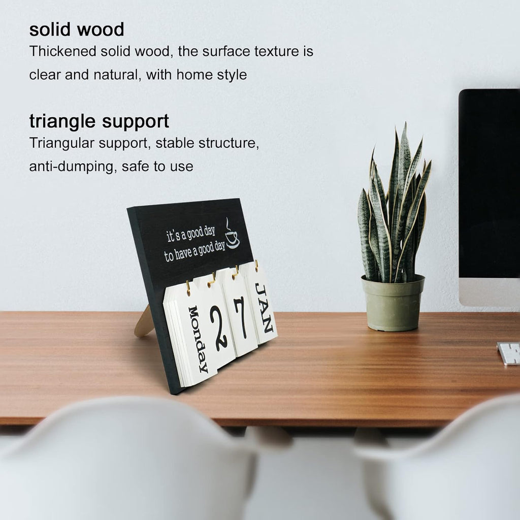 Notakia Wooden Desk Calendar - Vintage Perpetual Flip Calendar with Month & Day Display (Black)