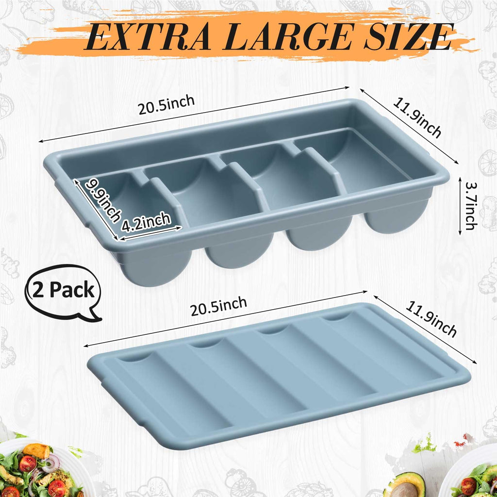 Maxdot 2 Pcs 20.5 x 11.9 x 3.7 Inch Silverware Organizer with Lid, Commercial 4-compartment Restaurant Kitchen Cutlery Tray, Plastic Silverware Storage Container, Condiments Holder (Grayish Blue)