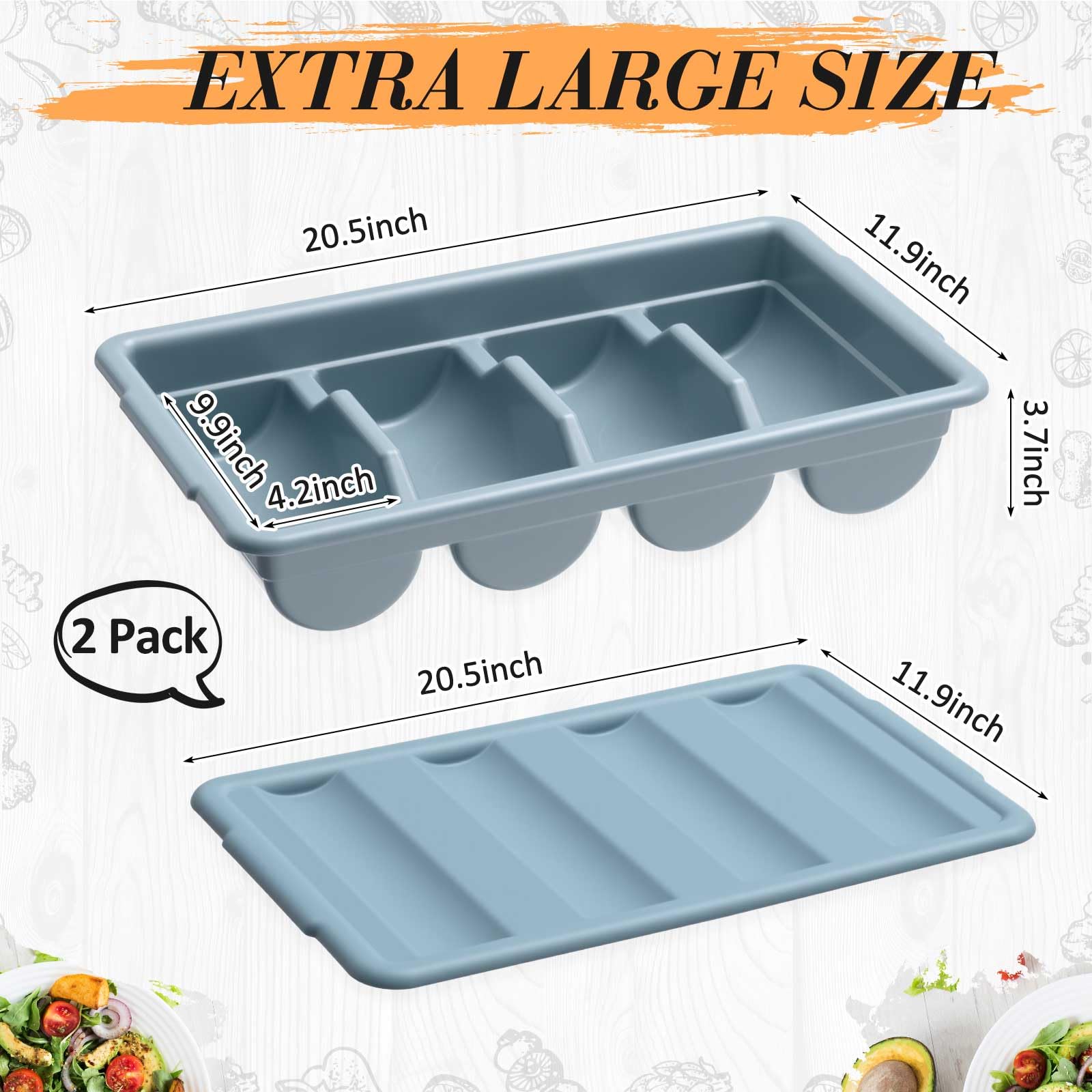 Maxdot 2 Pcs 20.5 x 11.9 x 3.7 Inch Silverware Organizer with Lid, Commercial 4-compartment Restaurant Kitchen Cutlery Tray, Plastic Silverware Storage Container, Condiments Holder (Grayish Blue)