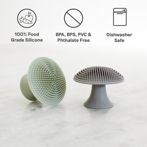 ezpz Mushroom Sponge (Sage) - Odor-Resistant Kitchen Sponge with Soft Bristles, Non-Slip Handle, Suction Base - Gently Cleans Pans, Dishes and Feeding Gear
