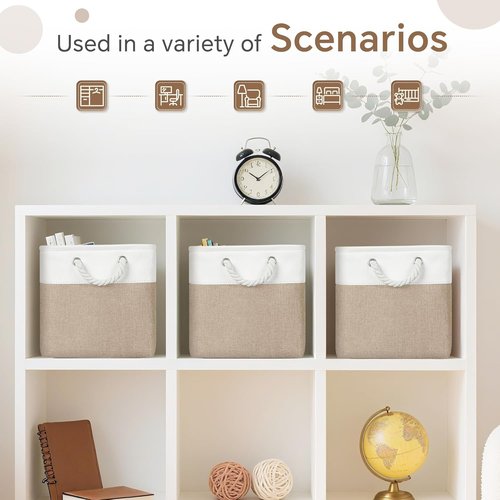 FinishingBo Fabric Storage Cubes - 6 Pack 11x11 Inch Bins with Handles for Home & Office Organization | White/Khaki
