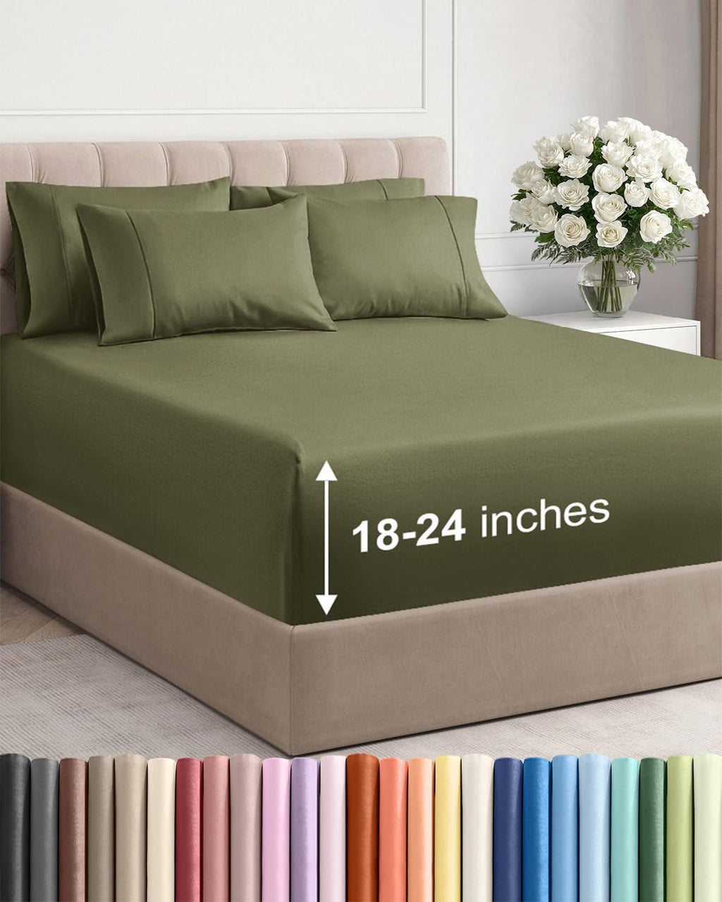 Regine Switzerland Extra Deep Cal King Sheet Set - 6-Piece Breathable Cooling Bedding - Soft, Wrinkle-Free Sage Green