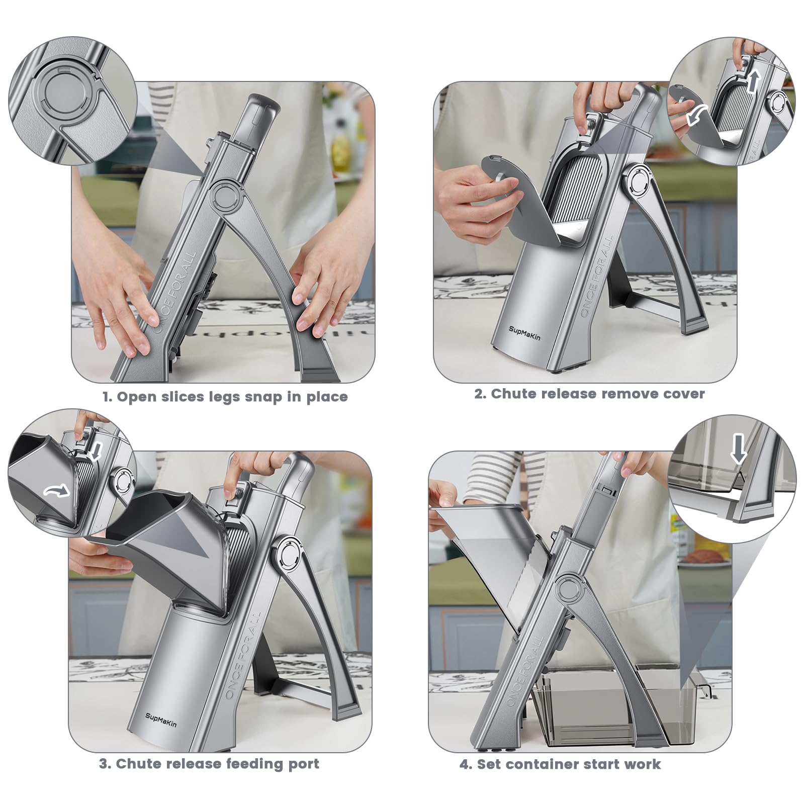 SupMaKin Upgrade Safe Mandoline Slicer for Kitchen,Adjustable Potato Slicer Vegetable Onion Chopper, French Fry Cutter, Include Vegetable Peeler(Gray)