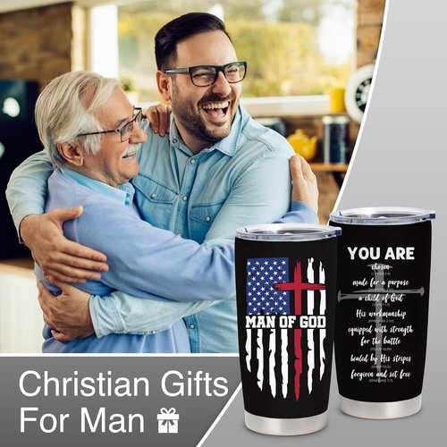 Christian Gifts for Men - Inspirational 20oz Coffee Tumbler | Bible Verse Design for Fathers Day & Birthdays