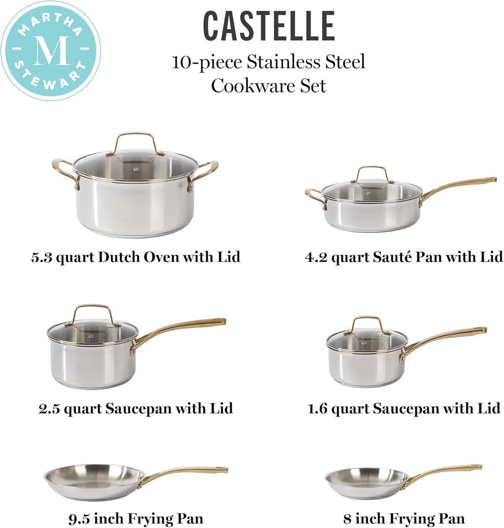 Martha Stewart Castelle 10-Piece Stainless Steel Cookware Set | Durable, Induction Safe, Non-Toxic - Gold Handles