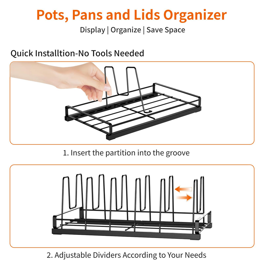 Food Container Lid Organizer for Cabinet, 6 Adjustable Dividers Metal Pot Lid Organizer, Pots and Pans Organizer Under Cabinet Storage Plastic Lids Pots Cookie Sheets for Cabinets, Cupboards, Drawers