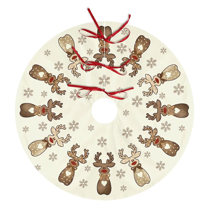 Reindeer Snowflakes Christmas Tree Skirt 36 Inch – Cream Brown Polka Dot with Heart Bow (Variation: Reindeer Snowflakes+36 Inch)