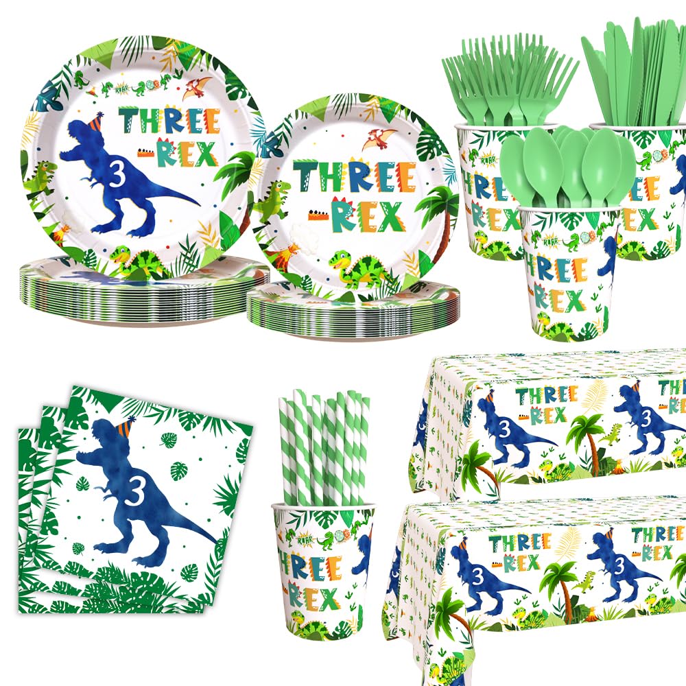 AIBIIN 194pcs Three Rex Birthday Decorations for Boy 3rd Birthday Party Plates, Cup, Napkin, Tablecloth, Tableware, Dinosaur 3 year old Birthday Party Supplies Plates Serve 24 Guests