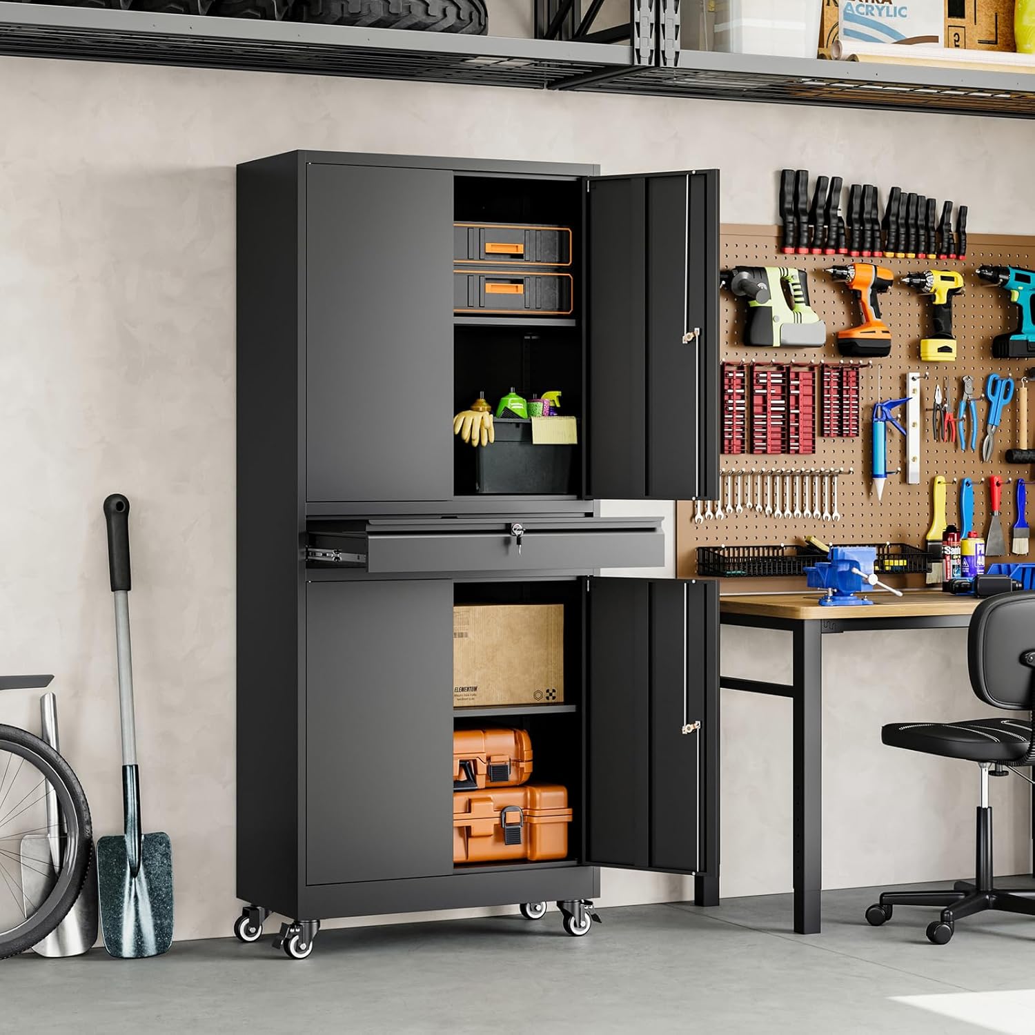 Yizosh Metal Garage Storage Cabinet - Locking Doors & Adjustable Shelves | 73" Rolling Tool Cabinet (Black)