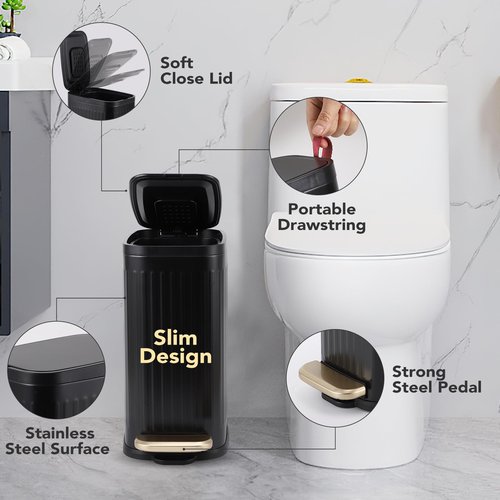 Black and Gold Bathroom Accessories Set 9 PCS, Bathroom Sets with Stainless Steel Trash Can,Toilet Brush and Plastic Toothbrush Set,Soap Dispenser and Shower Curtain, 2PCS Rugs for Bath Decor