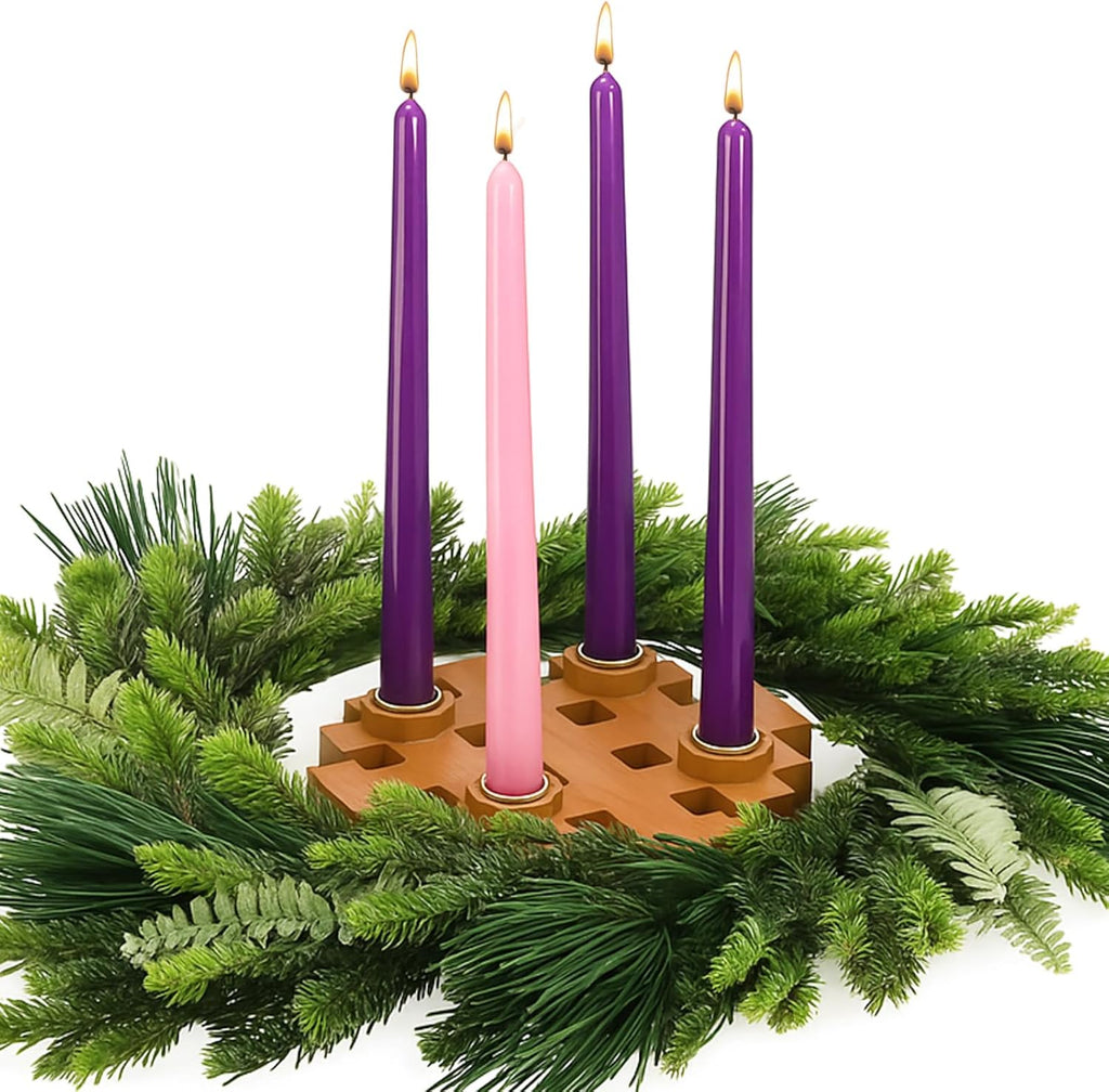 Mumufy Advent Candle Holder Set - 5 Pcs Snowflake Wooden Holders with Purple & Pink Taper Candles