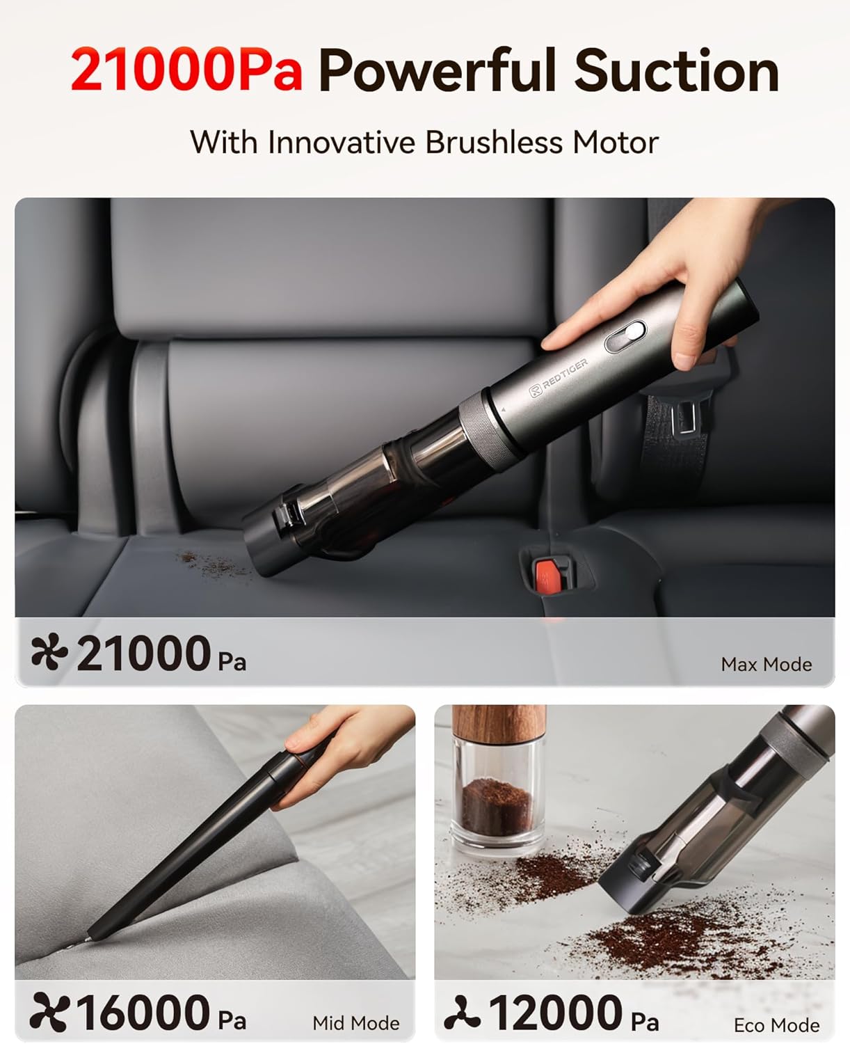 REDTIGER Cordless Car Vacuum - 21000PA Portable Handheld Cleaner with 70 Min Runtime | Fast USB-C Charge, Lightweight 4-in-1 Design