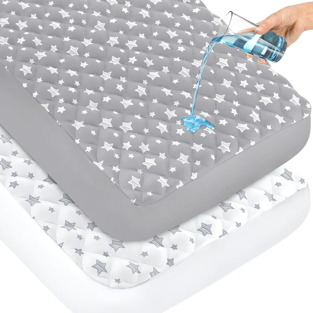 Skiennix Crib Mattress Protector - Waterproof Quilted Pad Cover | Extra Soft & Breathable, 52" x 28", Grey & White Star (2 Pack)