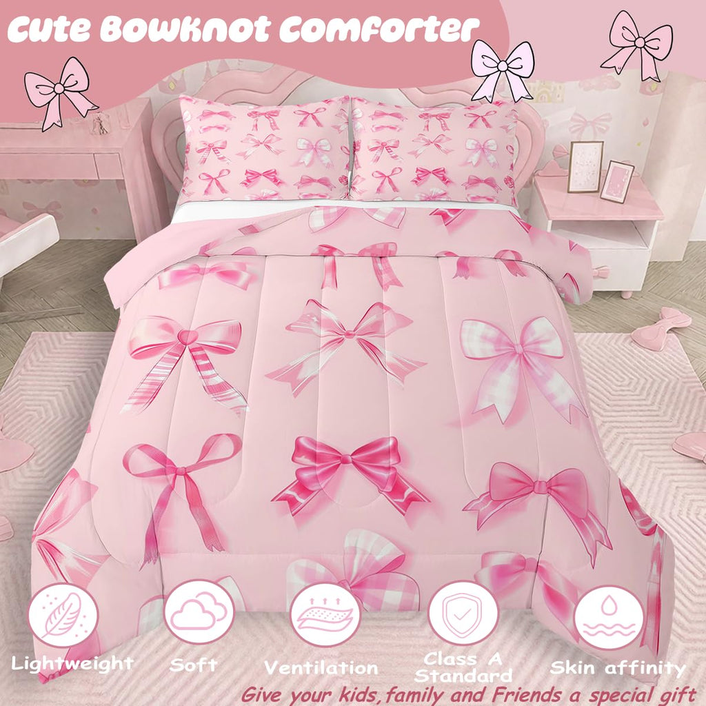 jejeloiu Pink Bow Bedding Set Twin Girls Bow Comforter Set for Kids Teens Girls Cute Bowknot Comforter Breathable Soft Lightweight Microfiber Kawaii Cute Pink Room Decor