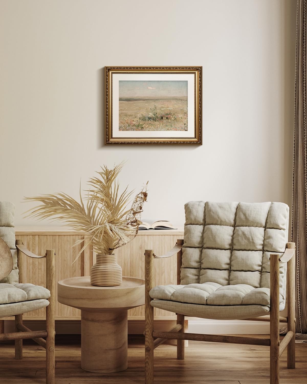 VIYYIEA Gold Framed Canvas Print - Vintage Meadow Landscape Oil Painting | Floral Home Decor 13x16in