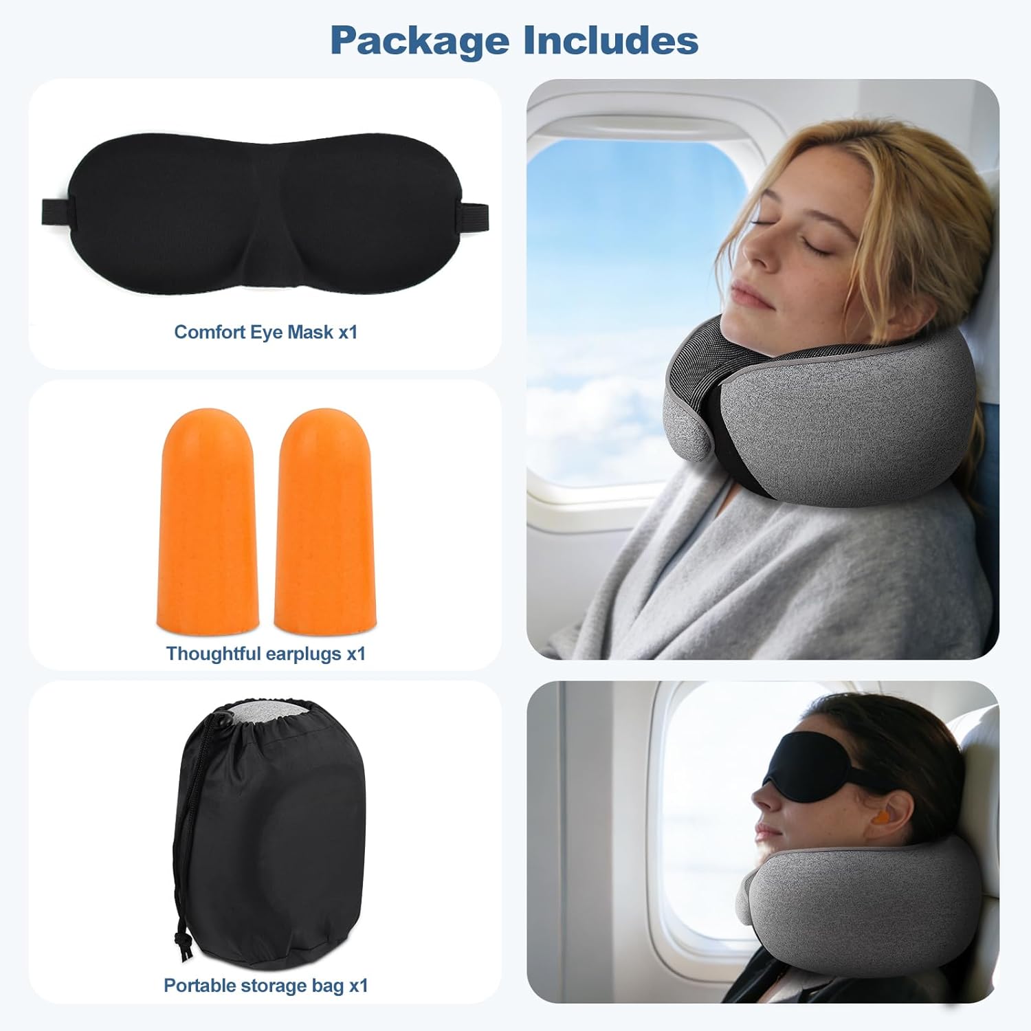 Memory Foam Travel Neck Pillow - Ergonomic 360° Head Support | Includes Eye Mask & Ear Plugs | Ultra Portable Gray Pillow for Flights & Cars