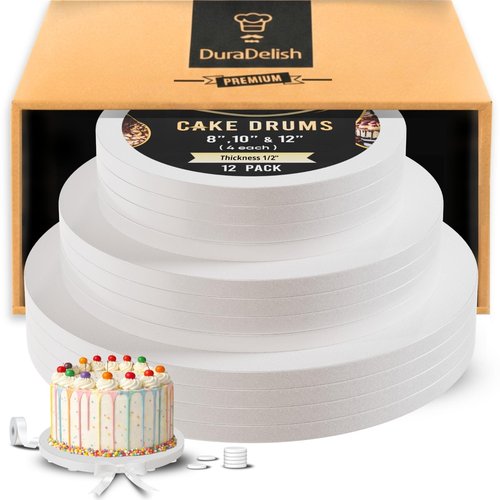 12-Pack Cake Drums 8,10 & 12 inch Reversible, Sturdy 1/2" Thick, Greaseproof, White | Free Prop Up Tool + Matching Ribbon | Professional Round Cake Boards for Tiered, Wedding, Birthday Cakes
