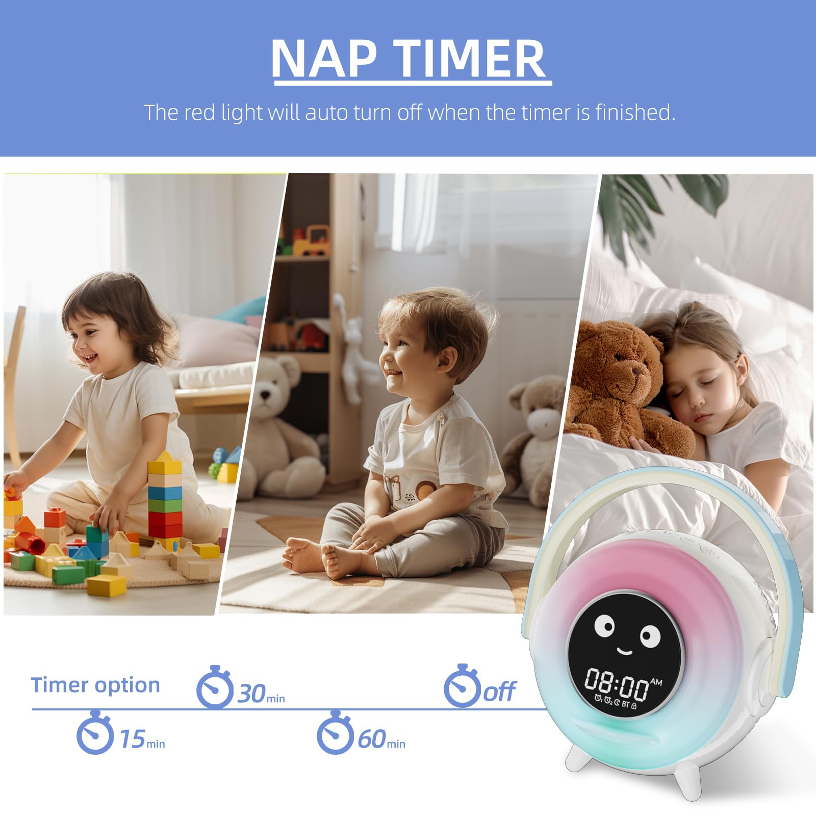 LOVME Kids Alarm Clock, Ready to Rise Sleep Training Clock with Night Lights, Sound Machine, Ok to Wake Clock for Kids, Gift Ideas for Toddler Boy Girl