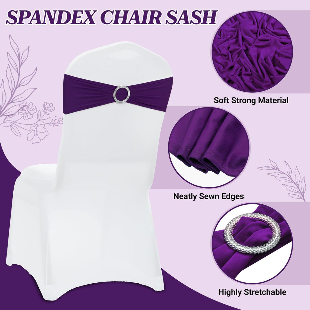MDS Spandex Chair Sashes - Pack of 125 Elastic Stretch Bows with Buckle Slider for Wedding Decor - Purple