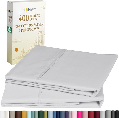 California Design Den King Pillow Cases - Soft 400 Thread Count Sateen, 100% Cotton, Silver | Set of 2