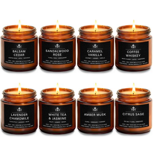 8 Pack Soy Wax Scented Candle Set - Lavender Chamomile, Citrus Sage, Amber Musk, Balsam Cedar, Coffee Whiskey - Long Lasting Aromatherapy Candles, Unisex Home & Gift Set