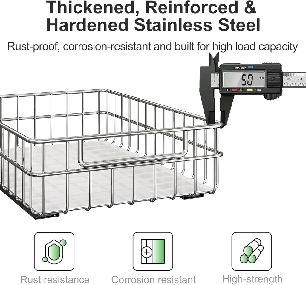 Pull Out Cabinet Organizer by Regine Switzerland - Stainless Steel 2-Pack Drawer with Silent Slides | Ideal for Kitchen, Pantry & Bathroom